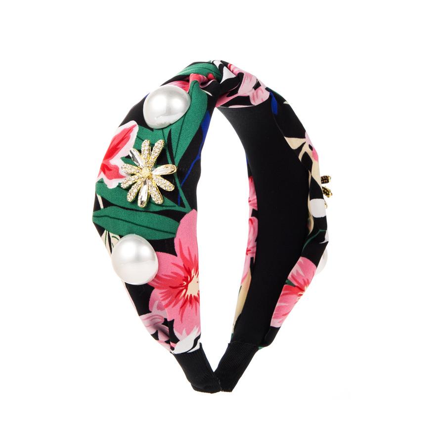 Tropical Floral Print Headband Oversized White Pearl Hairband Sparkly Glitzy Hair Hoop Vibrant Summer Beach Vacation Hairwear зелёный