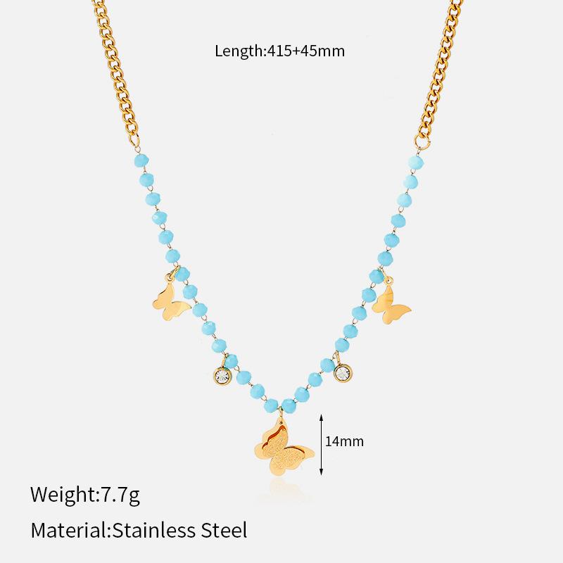 Blue beaded necklace for women, gold butterfly heart-shaped pendant, collarbone chain, niche design that doesn't fade