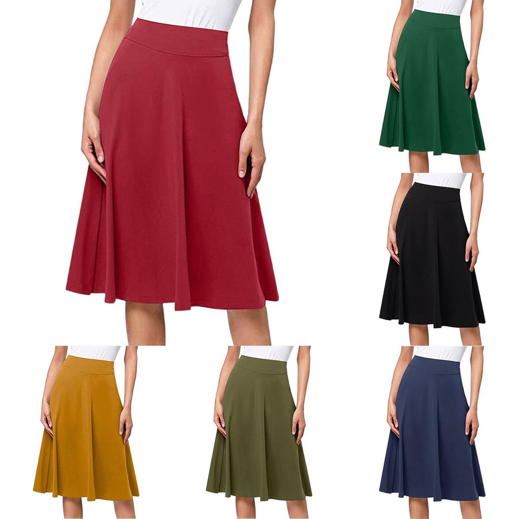 Women's High Waist Knee Length Elastic Knit A-Line Stretch Flared Casual Midi Skirt