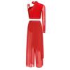 Damen Lyrisches Tanz Performance Set S-XXL: Asymmetrisches Crop-Top mit einem Ärmel, Strasssteinen & locker sitzende Überwurfhose