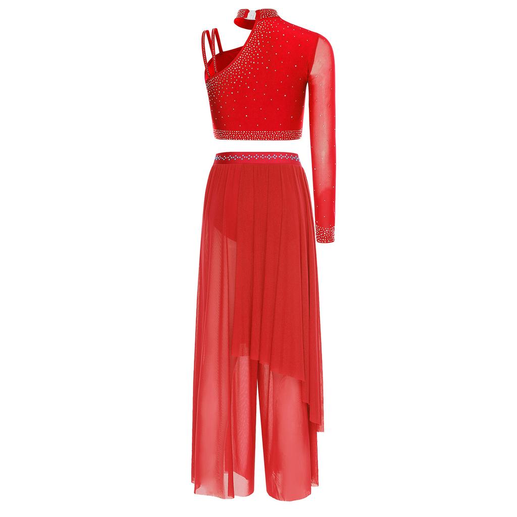 Damen Lyrisches Tanz Performance Set S-XXL: Asymmetrisches Crop-Top mit einem Ärmel, Strasssteinen & locker sitzende Überwurfhose
