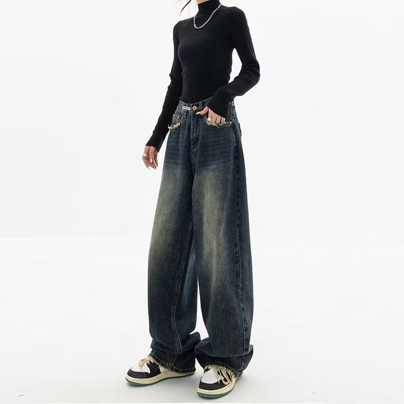 Women's High-Waist Retro Straight Jeans - Spring/Autumn 2025, Plus Size, Floor-Length, Wide Leg, Slimming Fit
