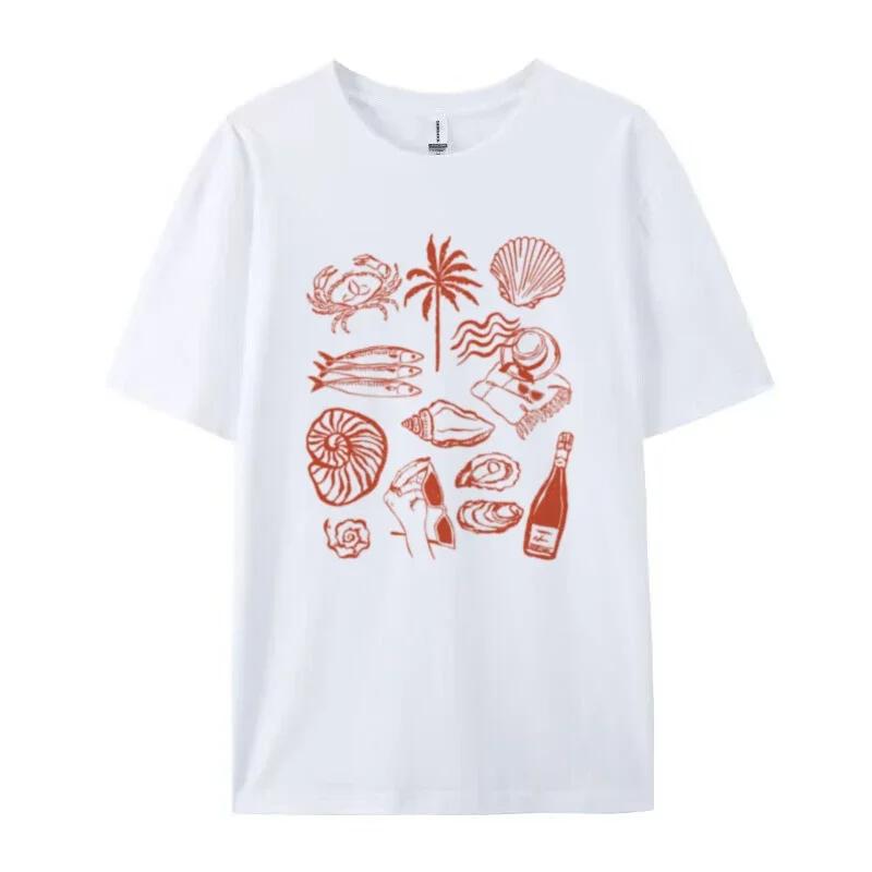 Women's Fashion Summer Ocean Coast Pattern T-shirt Retro Aesthetics Sweet Life Cute Oyster Wine Shirt Beach Vacation