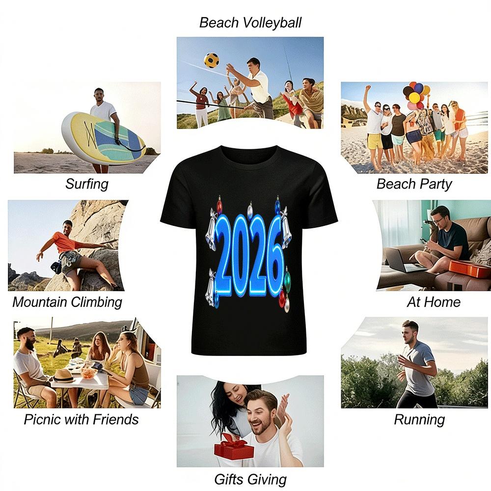 2026 New Year Themed Print Casual Versatile Holiday Top For Men Women Pure cotton T-shirt