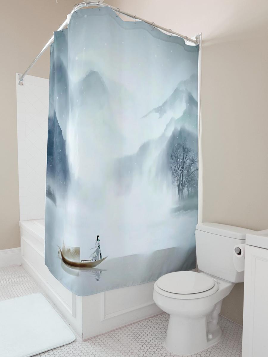 

Watercolor Ink Wash Shower Curtain Mountain Boat Scene Bathroom Decor Artistic Touch Chinese Ancient Style Design Elevate Space W60H190(CM)-1 Pcs