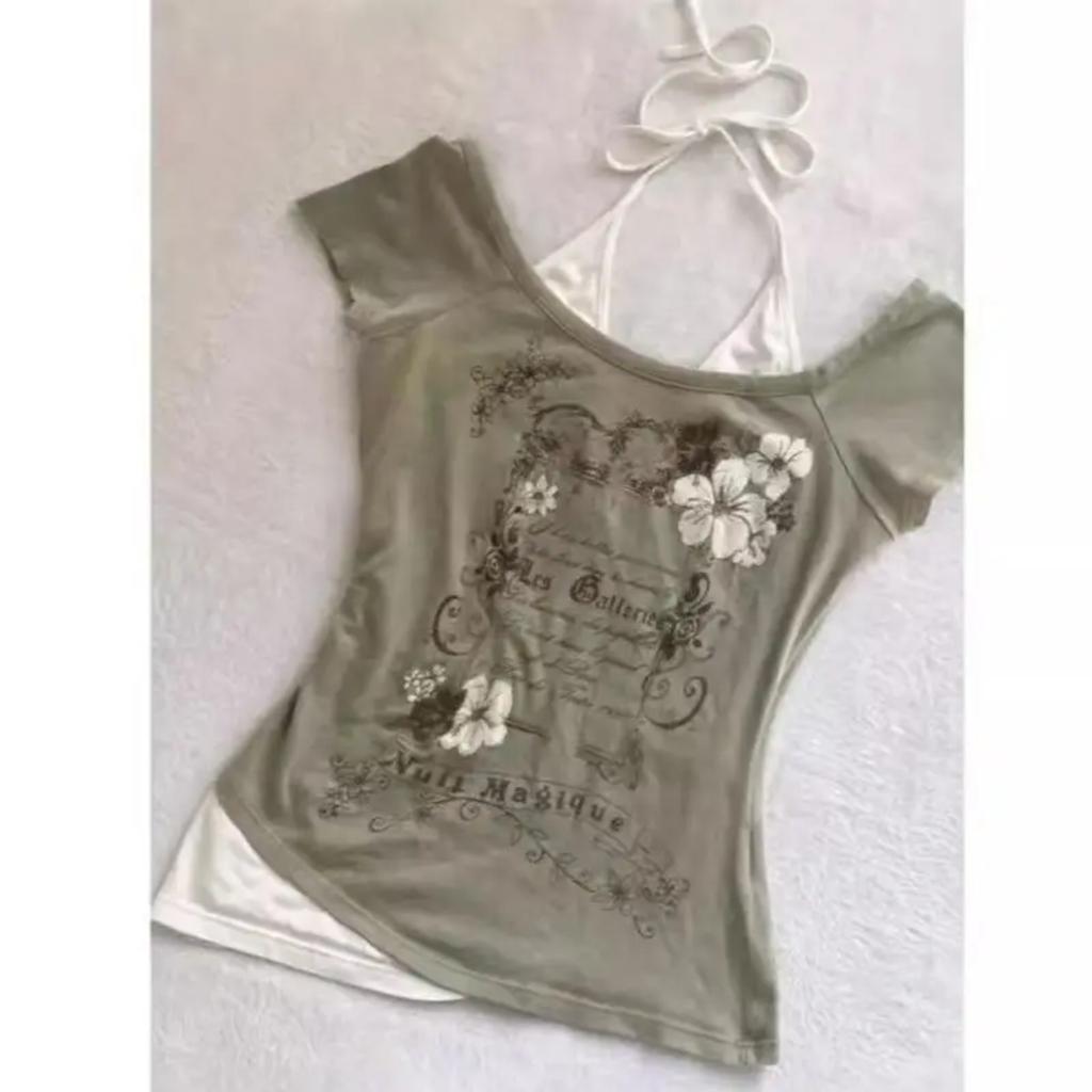 TrendHub American Vintage T Shirts Retro Grunge Letter Flower Print Crop Tops Y2k Summer T Shirts Fashion Streetwear Halter Harajuku Tees