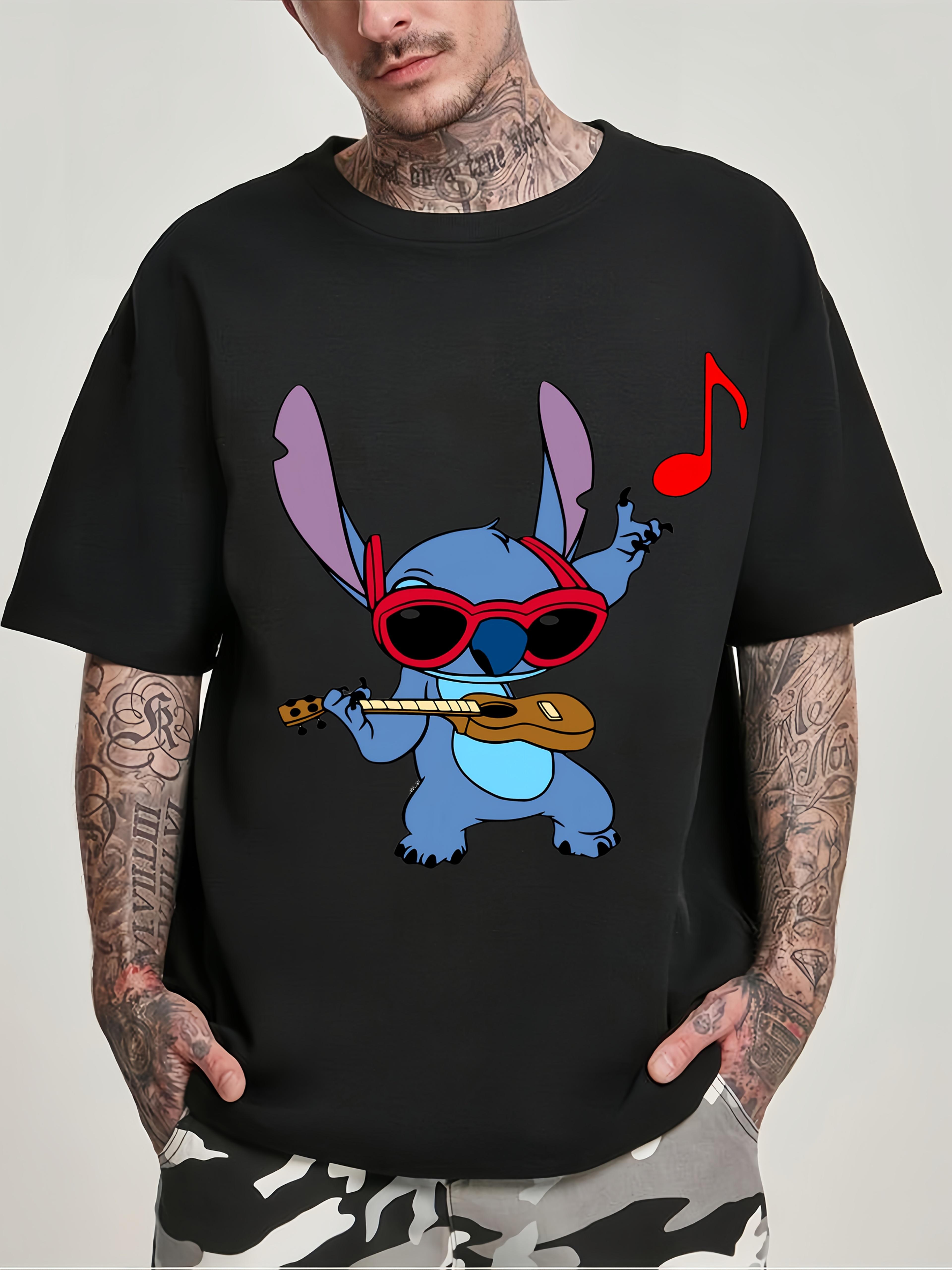 Casual Black T-shirt with Stitch Graphic - Short Sleeve S