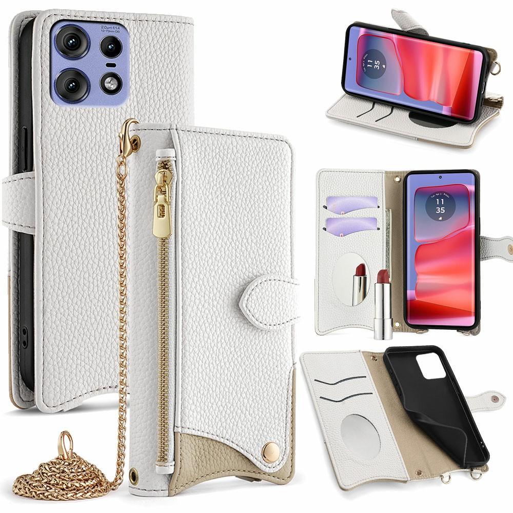 

For Motorola Edge 50 Pro 5G Leather Case Wallet Stand Cover Irregular Tail Style with Chain Strap White