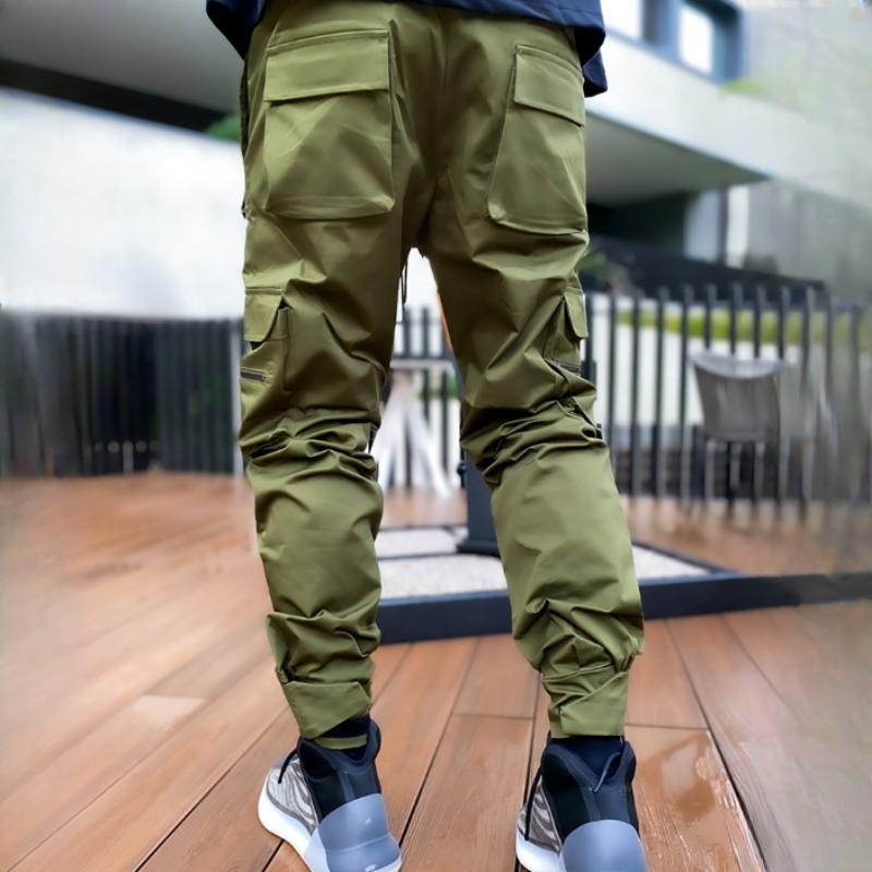 Men's Casual Pants, Black Drawstring Cargo Pants, Loose Pants, Straight American Overalls
