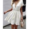 Women's Summer Dress, Spring and Summer Solid Color Short Sleeve Lace V-neck Waist-fitted Dress Casual Drawstring Waist Vacation Dress