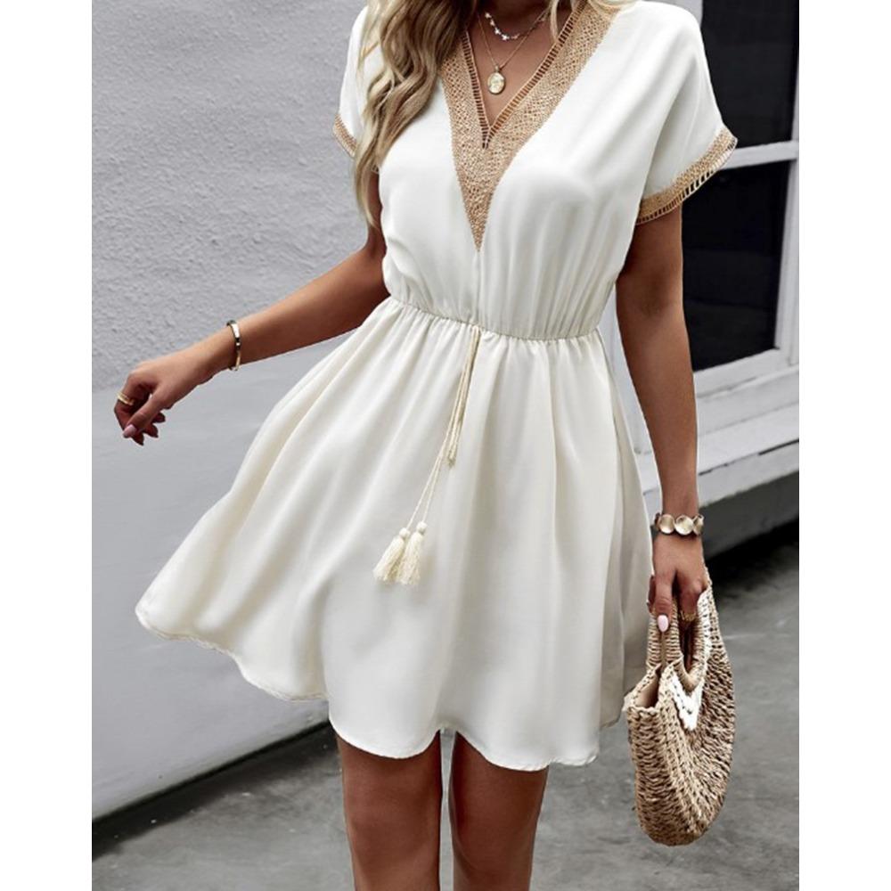 Women's Summer Dress, Spring and Summer Solid Color Short Sleeve Lace V-neck Waist-fitted Dress Casual Drawstring Waist Vacation Dress