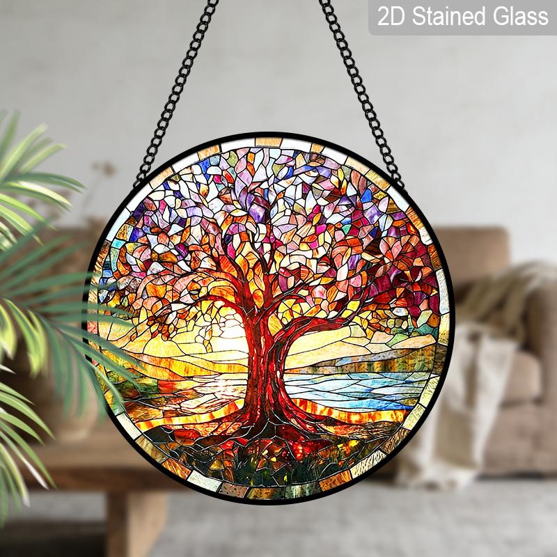2D Flat Stained Glass Red Tree of Life Window Decoration, 7.87inches Lighting Colored Glass Plate with Chain, Charming Spring Summer Sun Catcher Home