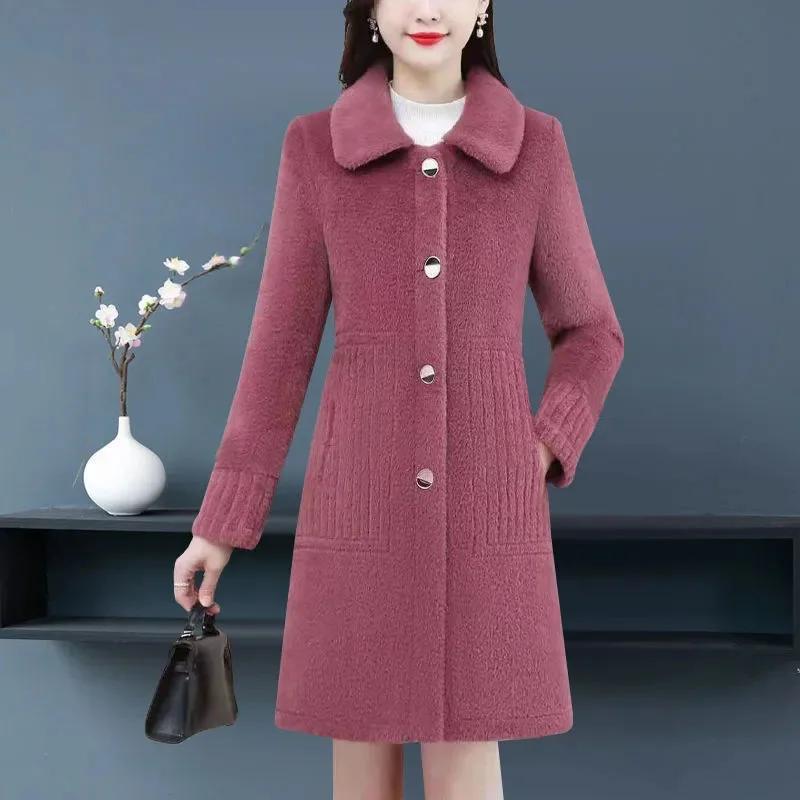 Winter Thickened Long Lamb Fur Jacket Woolen Coat for Mothers And Middle-Aged Women Fashionable Polyester