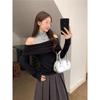 2025 Autumn Women's High Neck Off-the-Shoulder Long Sleeve Color Block Cropped Top, Slim Fit, Spicy Style
