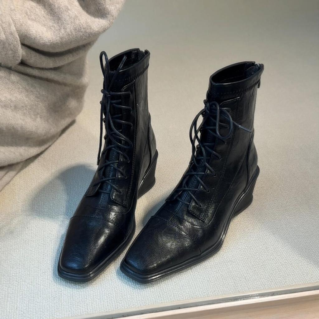 Cowhide version~ Wedge heel heightening thin boots British style Martin boots women's head thick sole retro lace-up elastic short boots