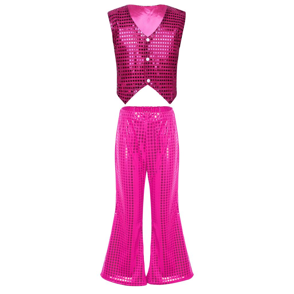 Kids Dance Costume Sparkly Sequined Waistcoat and Flowy Flared Pants Elastic Waistband Party Wear