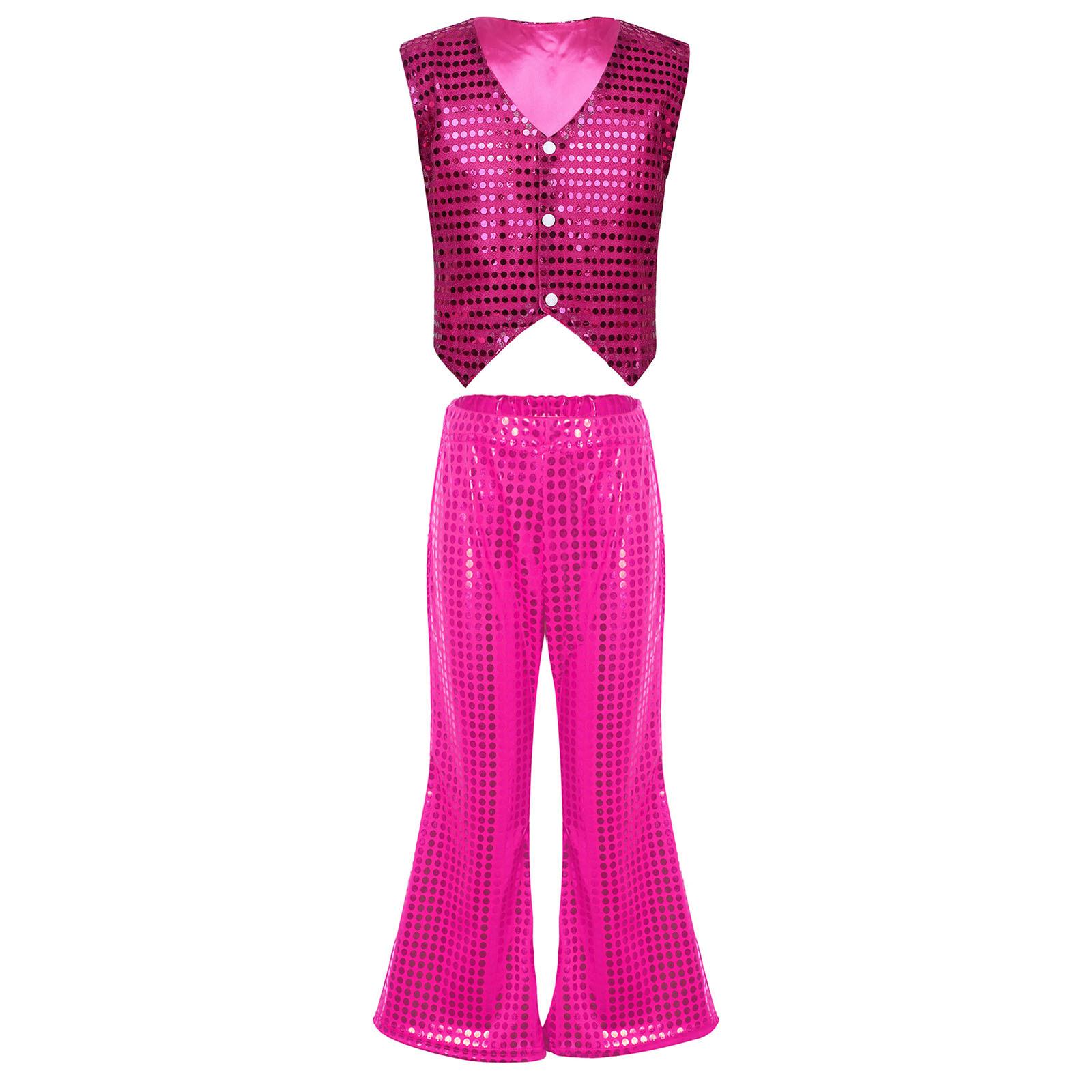 

Детский сценический костюм для мальчиков и девочек - Блестящий жилет с пайетками и расклешенные брюки с эластичной талией, комплект из двух предметов 10-12 Years горячий розовый
