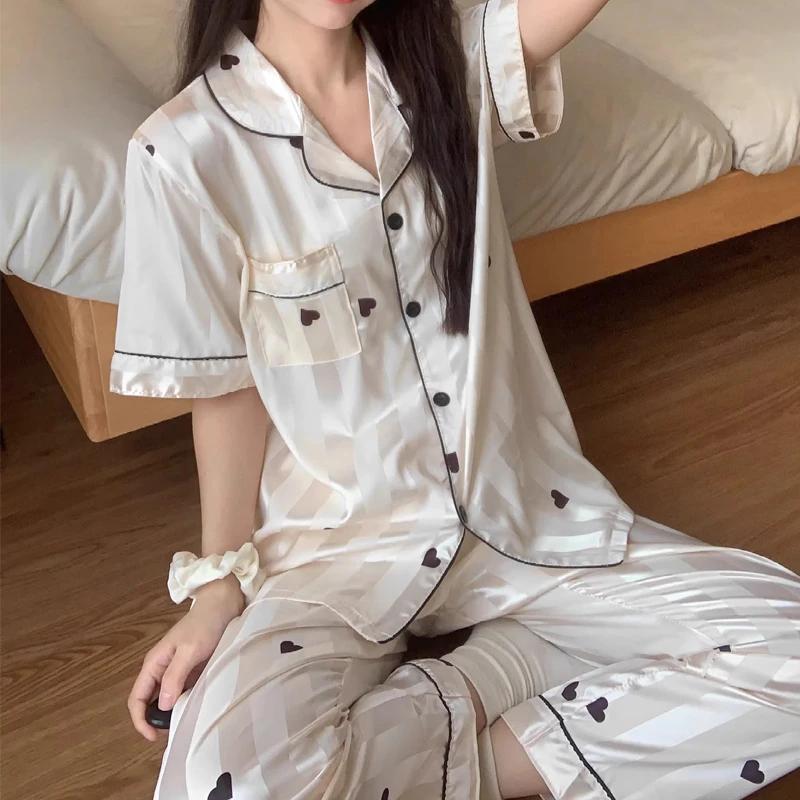 French Sweet Elegant Black Heart-shape Print Women's Pajamas Korean Ins Harajuku Striped Homewear New Summer Y2k Sleepwear