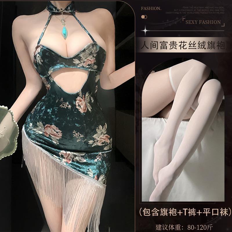 Sex Underwear World Rich Flower Velvet Printing Ancient Cheongsam Pure Desire Temptation Hip Skirt Set