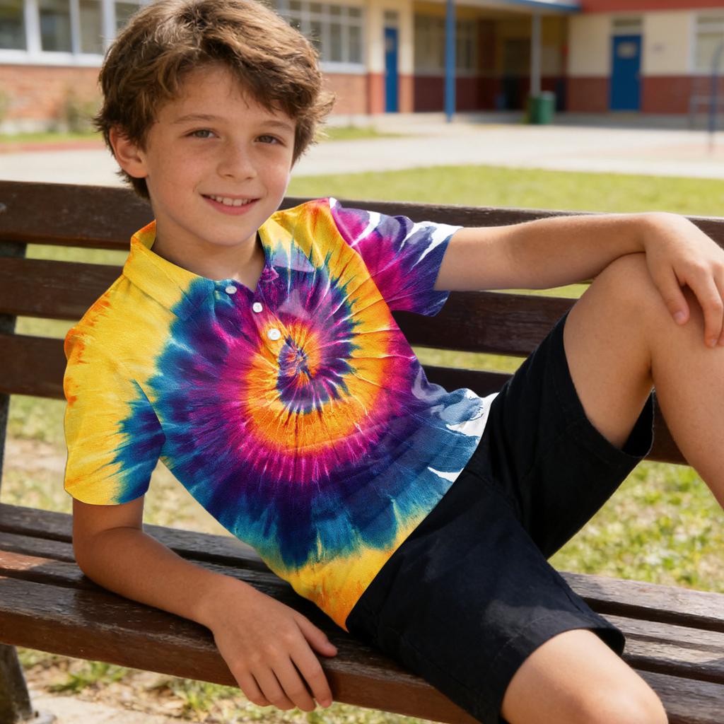 Kids Polo Shirt Short Sleeve Tie Dye Pattern Quick Dry Collared Top Lightweight Breathable Fabric Summer Casual Tee for Boys Girls