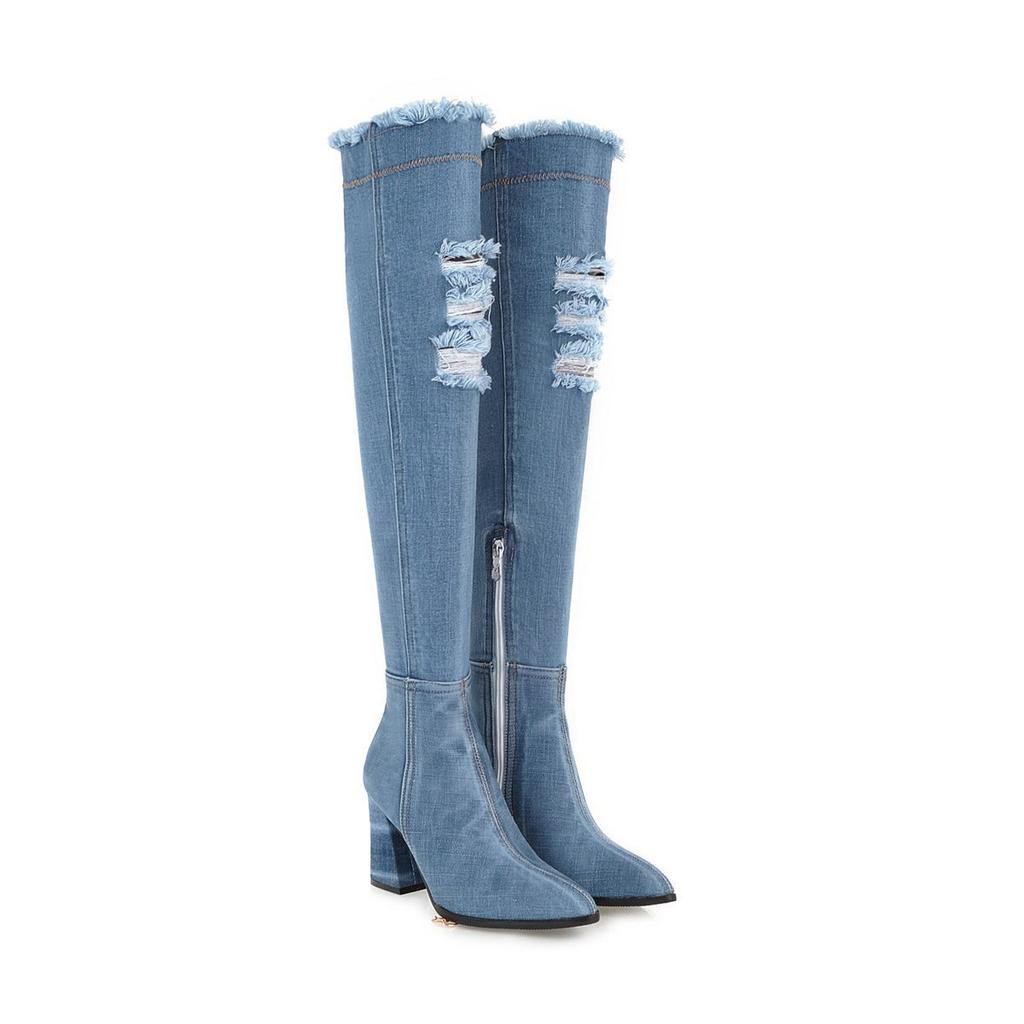 European and American autumn and winter fashion pointed thick heel high heel large size denim over the knee women's boots