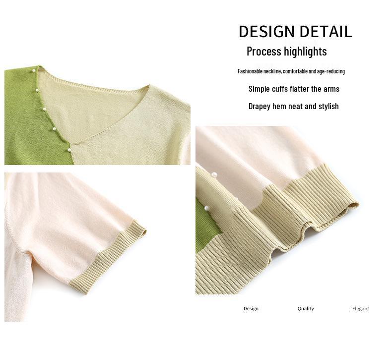 Ice Silk V-neck Summer T-shirt for Mothers and Elderly Women - Loose, Short-sleeved Knit Top