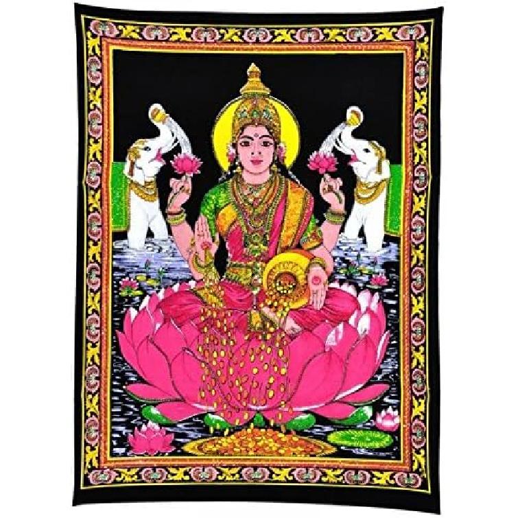 Маа Лакшми, Богиня Богатства и Процветания - Хлопковый Гобелен, Традиционный Хлопковый Гобелен с Принтом 40  x 30  Дюймов Настенное Украшение (Мата Лакшми) Mata Lakshmi
