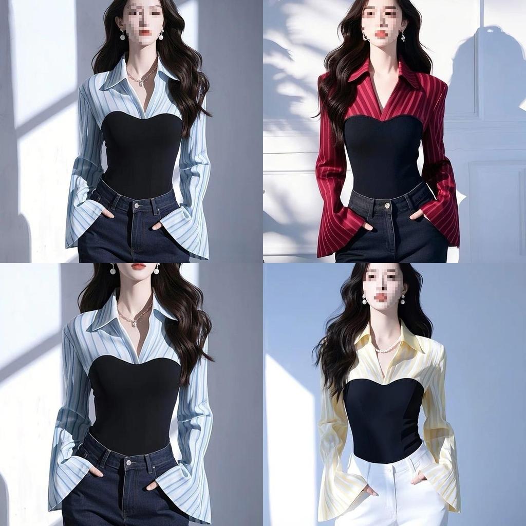 Spring New Blue Stripe Faux Two Piece Shirt With 3d Pattern For Office Wear Women