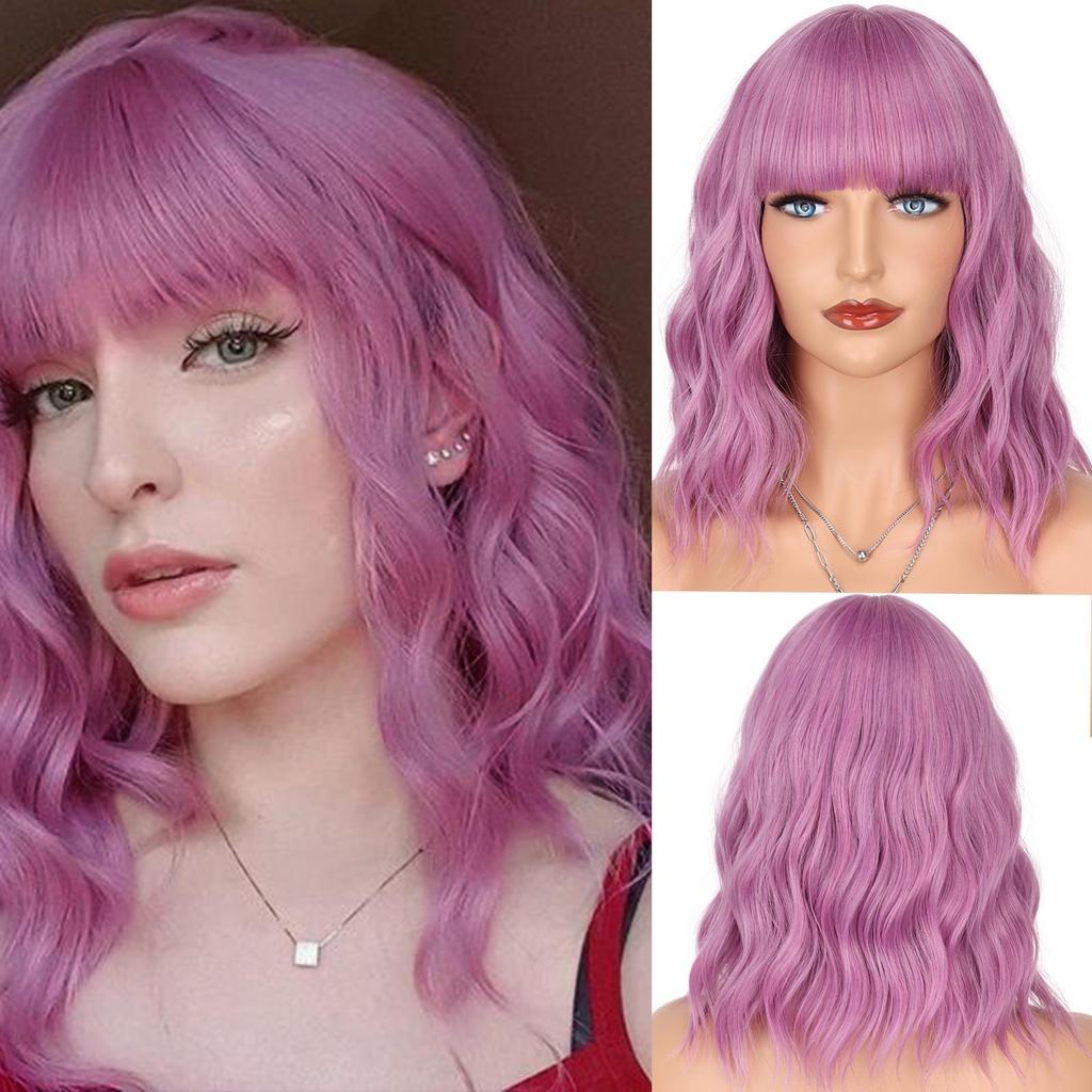 LISI HAIR Burgundy Short Wavy Synthetic Heat Resistant Fiber Wigs with Bangs Black Brown Pink Bob Hair Wigs for Cosplay