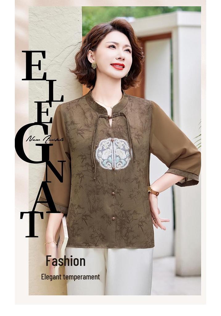 Mom's New Summer Chiffon Blouse: Chinese-Style Two-Piece Set for Middle-Aged & Elderly Women