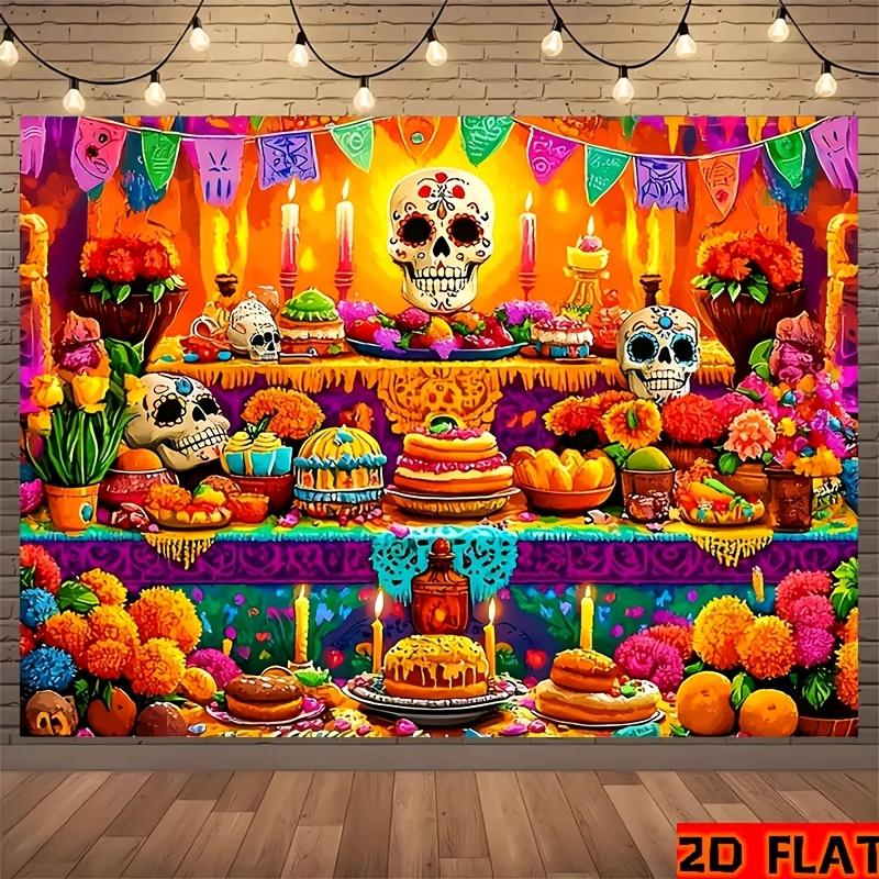 2D planar Day of the Dead banner - Vibrant Day of the Dead party decoration, traditional floral table setting 100x150cm