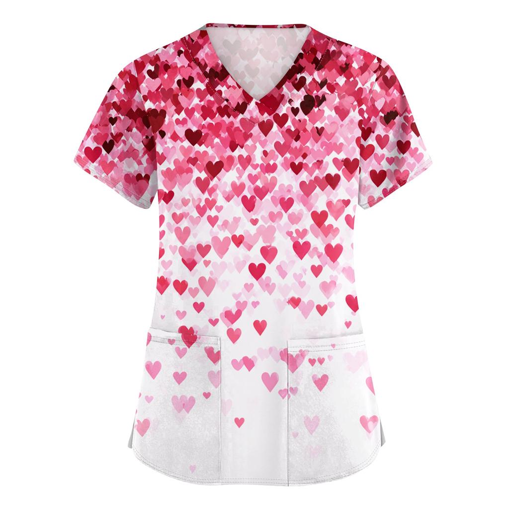 Women's V,neck Valentine's Day Printed Short,sleeved Pocket Side,slit Protective Suit Top