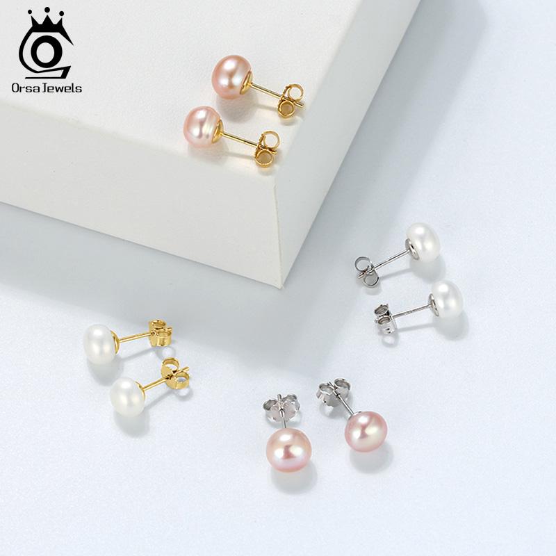 ORSA JEWELS Real 925 Sterling Silver Stud Earrings For Women Genuine Fresh Water Pearl 8 MM Gold-color Female Party Jewelry SE86