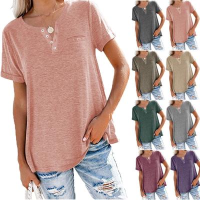 Summer Women's Solid Color T-shirt Casual Top V-neck Short Sleeved Pocket Loose T-shirt for Women