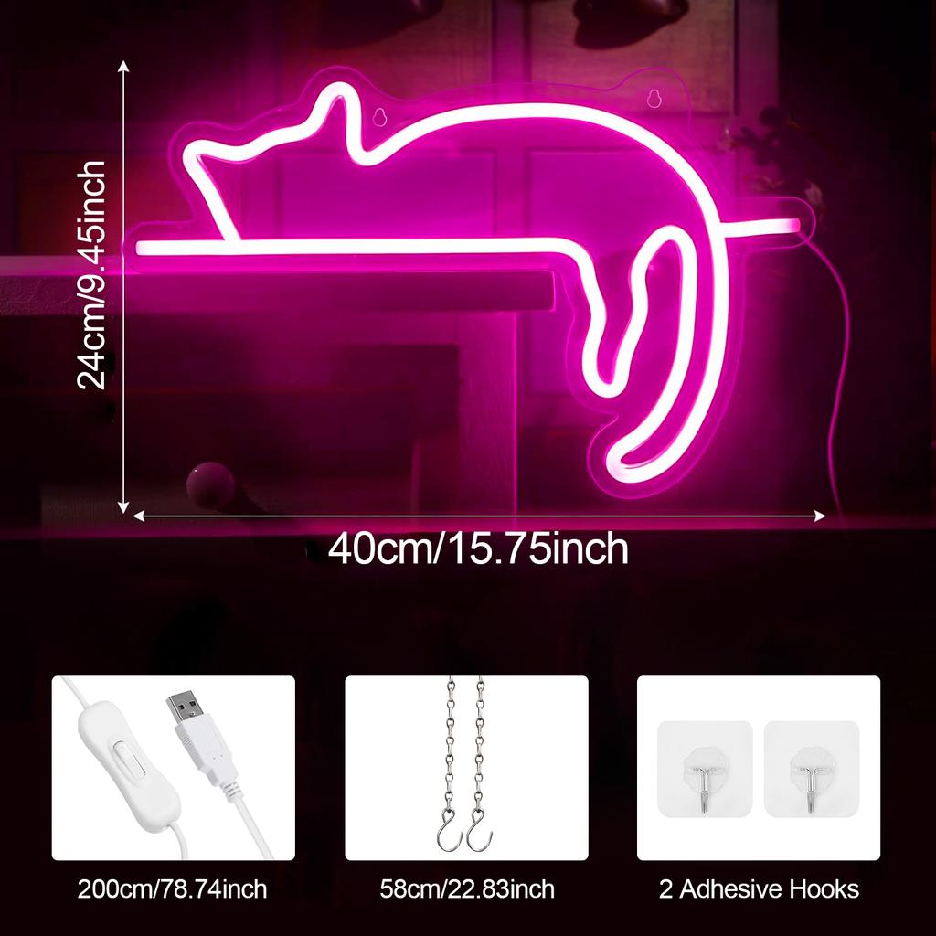 LED Neon Sign Super Bright Acrylic Cat Hanging Night Lights USB Art Wall Decor Lamp On/Off Switch for Bedroom Living Room Gifts
