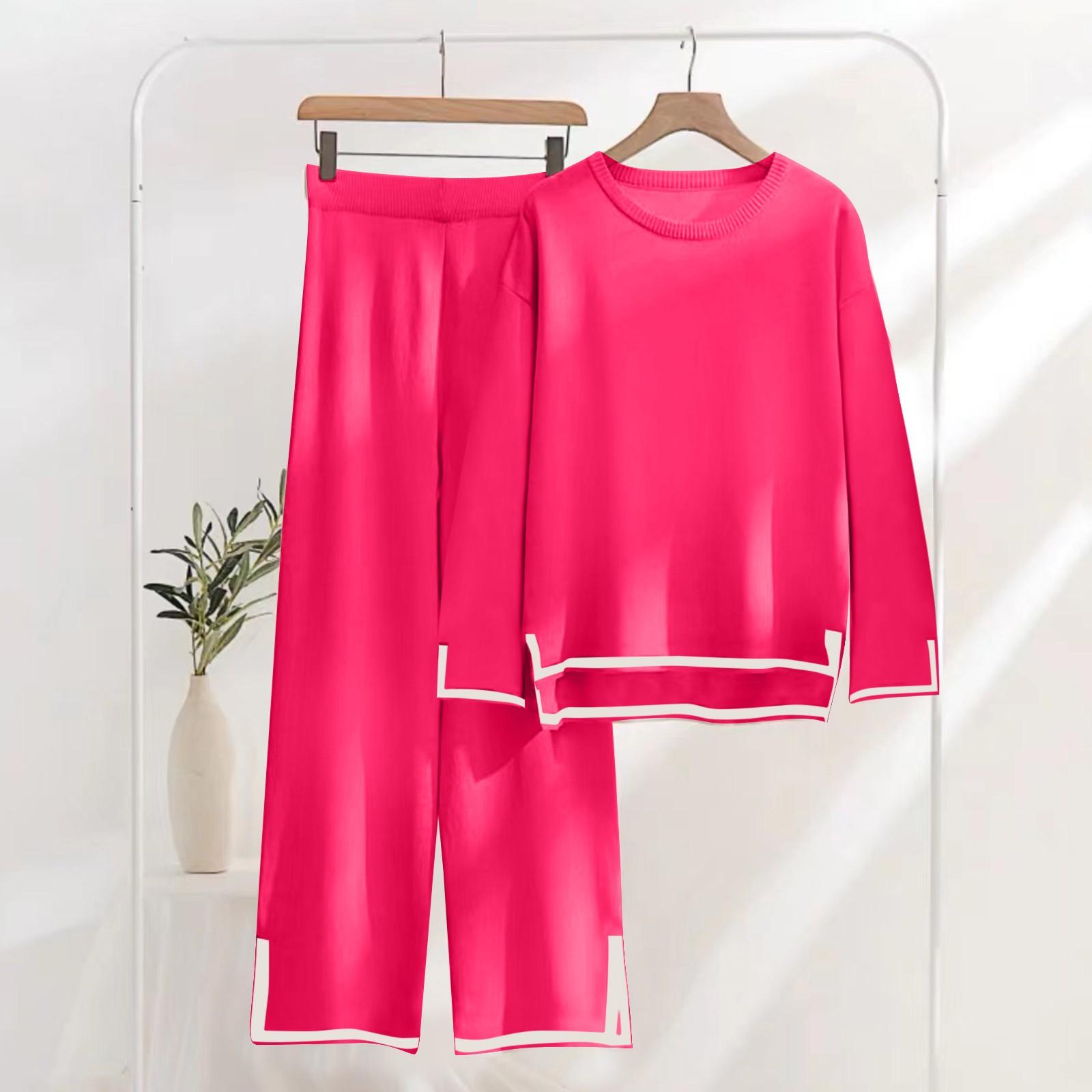 

Женский вязаный свитер из 2 предметов, пуловер с длинными рукавами, топы с эластичной резинкой на талии, широкие брюки, женский комплект S горячий розовый