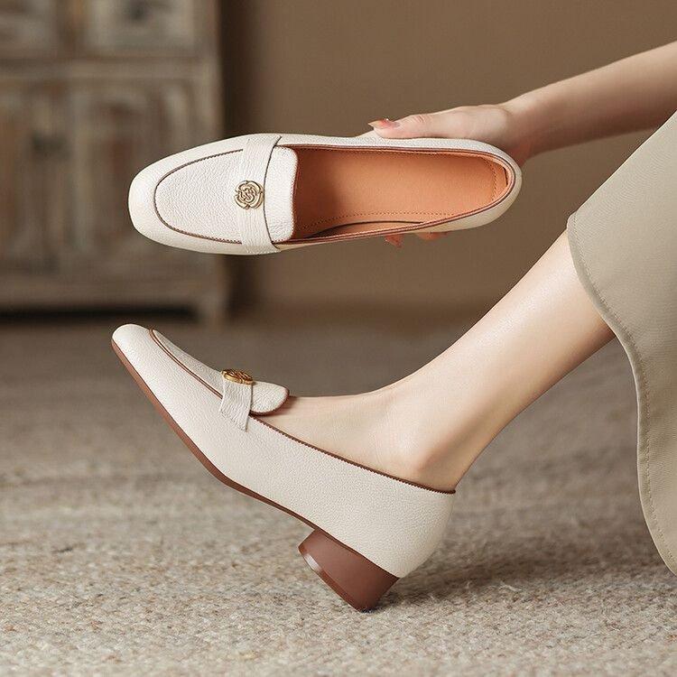 Retro soft leather thick heel single shoes women's 2025 new one-pedal French lightweight soft-soled leather shoes temperament fashion women's shoes