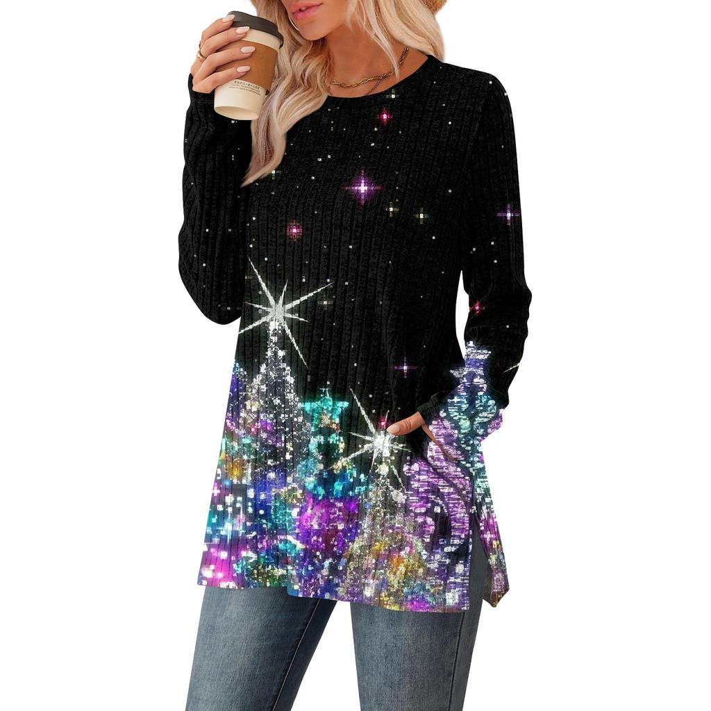 Women's Christmas Printed Round-neck Long-sleeved Top With Pockets And Side Slits