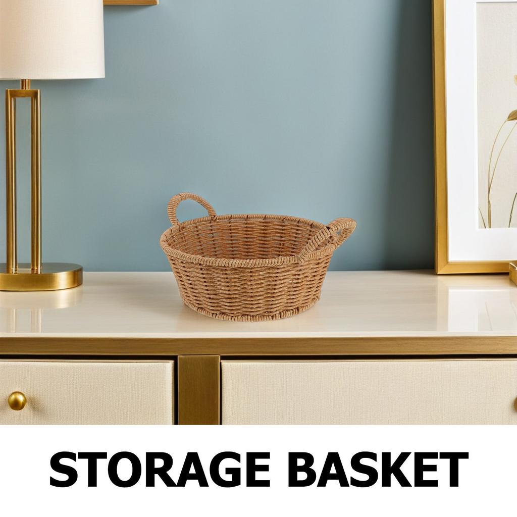 Portable Imitation Rattan Handwoven Round Basket with Handles Multipurpose Storage Organizer for Kitchen Living Room Bathroom