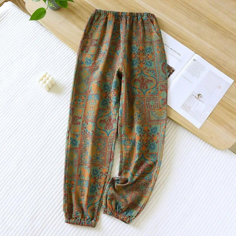 2026 Spring/Summer New Women's Sleeping Pants 100% Cotton Jacquard Cute and Fresh Flower Pants Loose Closing Home Pants Ladies