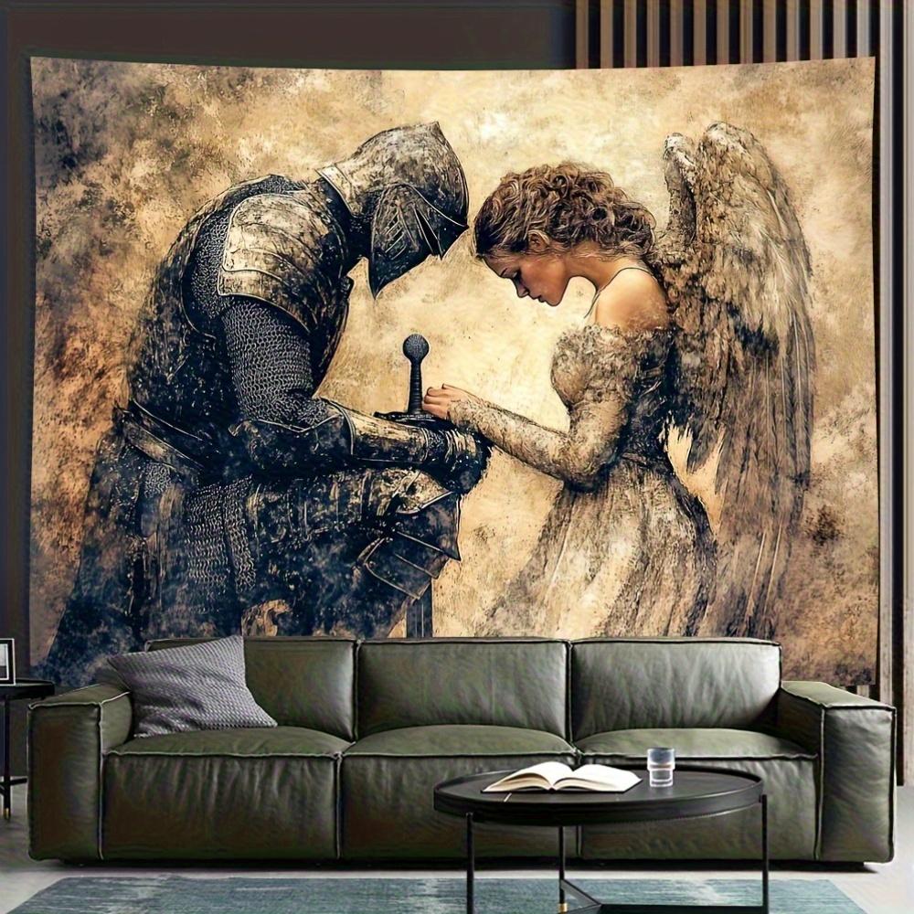 Retro Medieval Knight and Angel Tapestry Gothic Fantasy Wall Hanging Bedroom Living Room Home Decoration 100X70CM