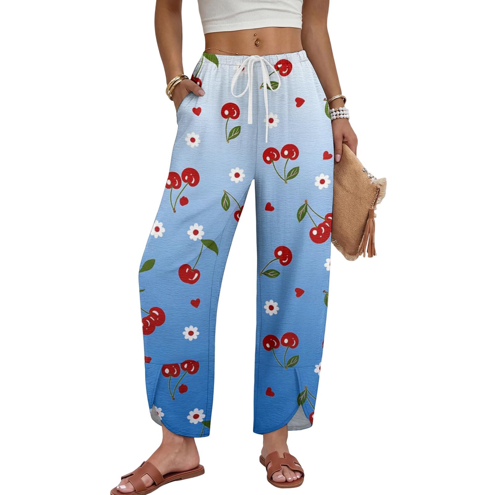 Women s Drawstring Wide Leg Pants - Print Casual Loose Fit Trousers L