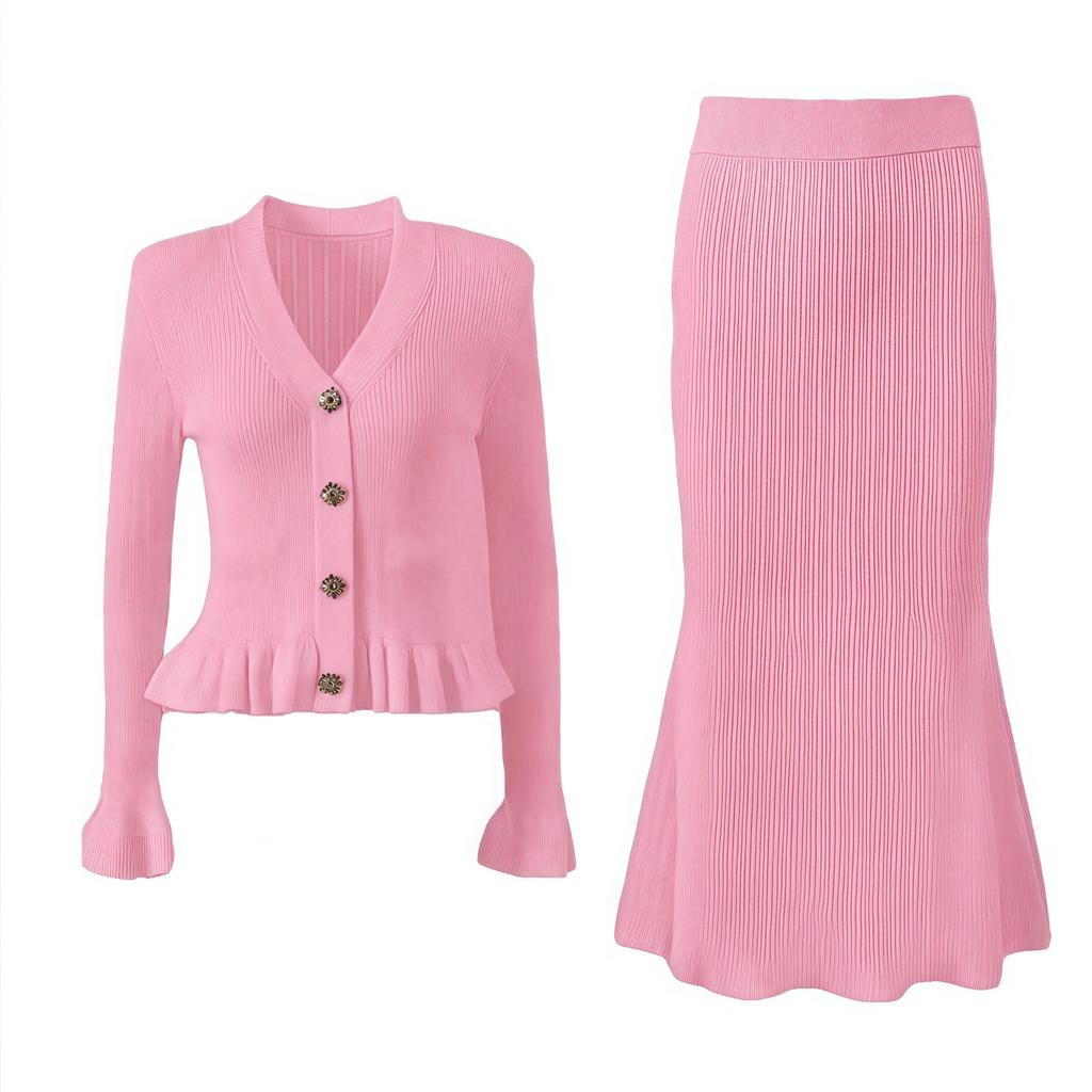 French V-neck Ruffled Long-sleeved Cardigan, Full-skirted Fishtail Dress, Stretch Knitted Two-piece Set