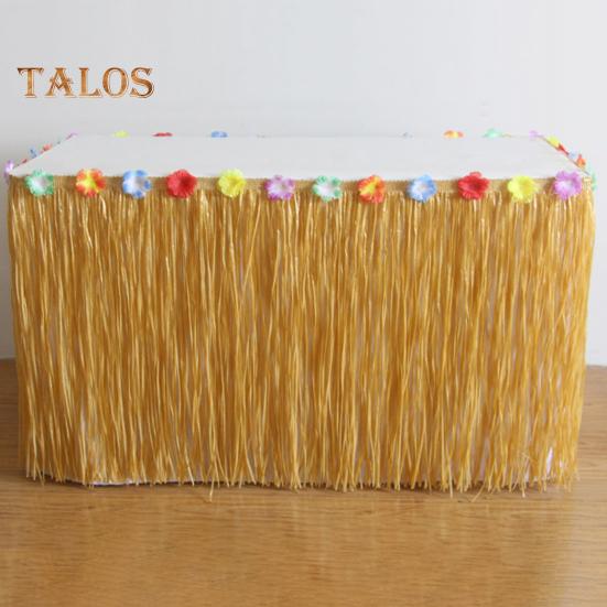 Hawaiian Party Table Skirt Waterproof Tropical Luau Party Colorful Flower Grass Tassels Table Skirt Summer Beach Themed Aloha Party Decoration Party