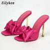 Eilyken Yüksek Topuk Yaz Ipek Kelebek-düğüm Pompaları Terlik Peep Toe Bayan Ayakkabı Slaytlar Metal Yeni Marka Moda Topuklu Kadın 9 Renk PU
