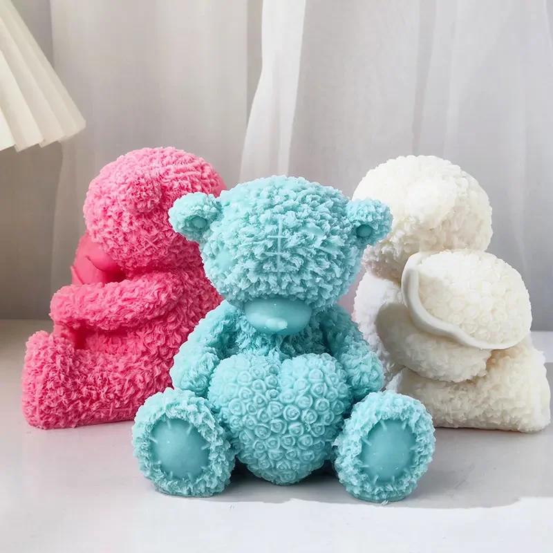 Top Quality Large Silicone Mold for Plush Bears Heart-Shaped Bear & Floral-Bear Candle Valentine's Day Cake Decoration Mold