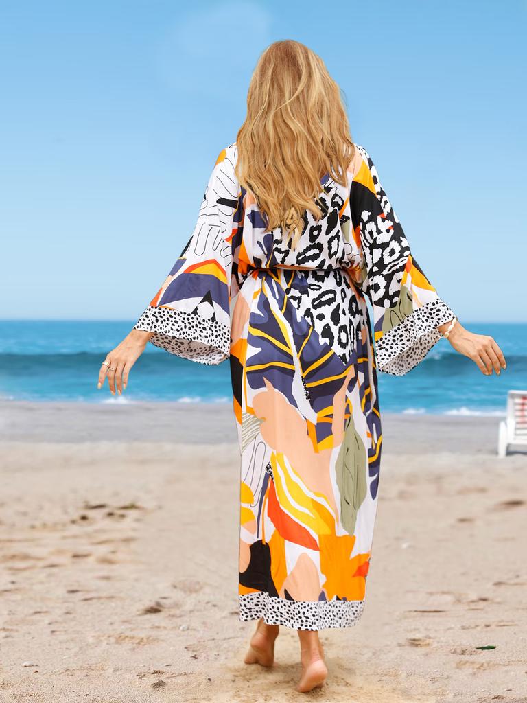 EDOLYNSA 2024 Multicolored Women Bikini Kimono Cardigans Boho Print Long Bathing Suit Cover Ups Swimwear Plus Size Loungewear with Self Belt Outfits