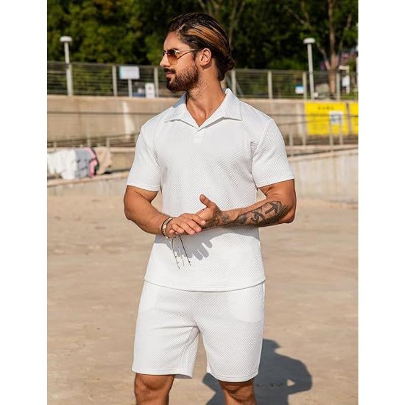 Men's Knitted Sweater Summer Casual Textured Beach Short Sleeve and Shorts Set