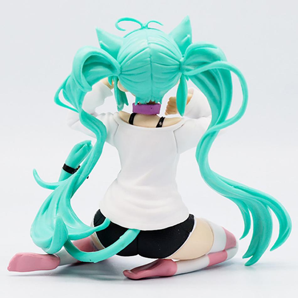 Anime Figure Girl Hatsune Miku Sitting Sexy Short Sleeved Pajamas Cat Ear Figurines Desktop Decoration Doll Collection Model Toy