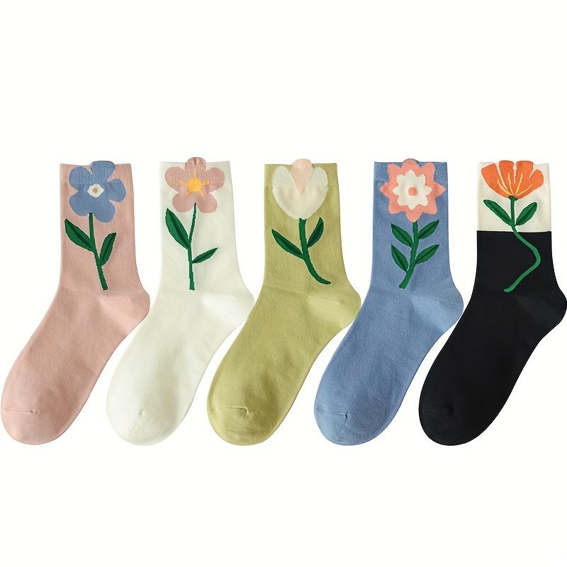 

5pairs Socks Korean Japanese Style Cartoon Green Flower Harajuku Cute Kawaii Mid Tube Socks Breathable Casual Short Cotton Socks One Size